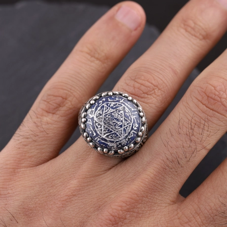 Lapis Lazuli Taşlı Tamamı El Yazması  Mührü Süleyman Yüzük 