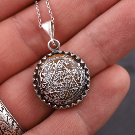 Süleyman Mührü Kaplangözü Doğal Taşlı Gümüş Kolye