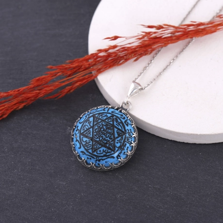  El Yazısı Mührü Süleyman Firuze Taşlı Gümüş Kolye 