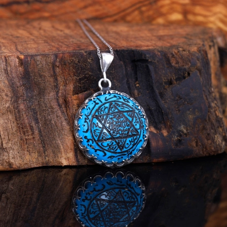  El Yazısı Mührü Süleyman Firuze Taşlı Gümüş Kolye 