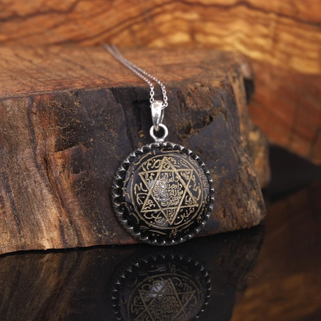 Siyah Akik Taşlı Tamamı El Yazması Mührü Süleyman Gümüş Kolye 