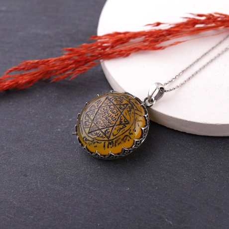 Sarı Akik Taşlı Mührü Süleyman Kolye Kişiye Özel