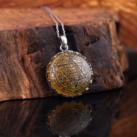 Sarı Akik Taşlı Mührü Süleyman Kolye Kişiye Özel