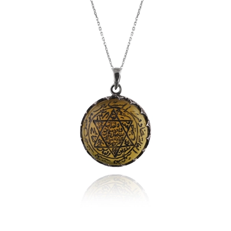 Sarı Akik Taşlı Mührü Süleyman Kolye Kişiye Özel