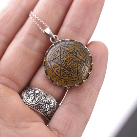 Sarı Akik Taşlı Mührü Süleyman Kolye Kişiye Özel