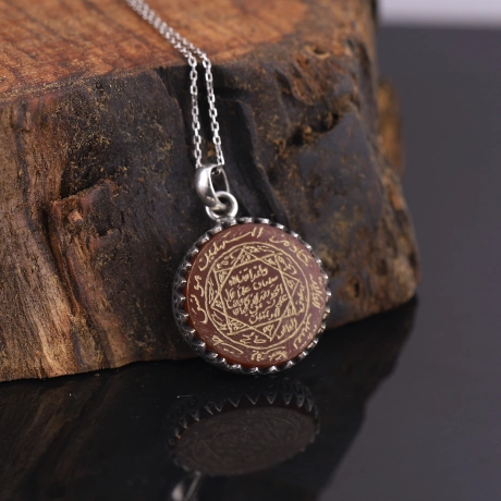 Elde Kazıma İşçiliği Akik Taşlı Hz. Süleyman Mührü Gümüş Kolye