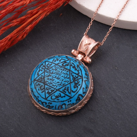 Mührü Süleyman Firuze Taşlı EL Yazması Gümüş Kolye