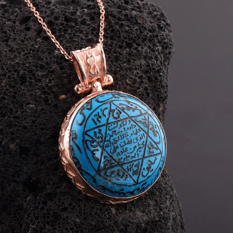 Mührü Süleyman Firuze Taşlı EL Yazması Gümüş Kolye