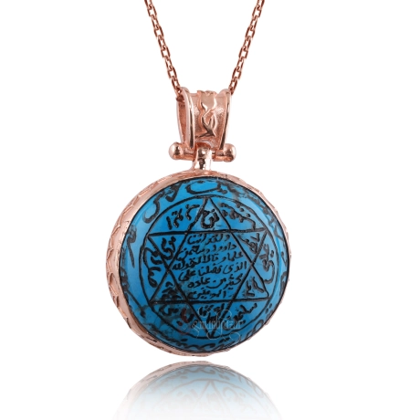 Mührü Süleyman Firuze Taşlı EL Yazması Gümüş Kolye