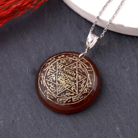 Kızıl Akik Taşlı - Mührü Süleyman Gümüş Kolye