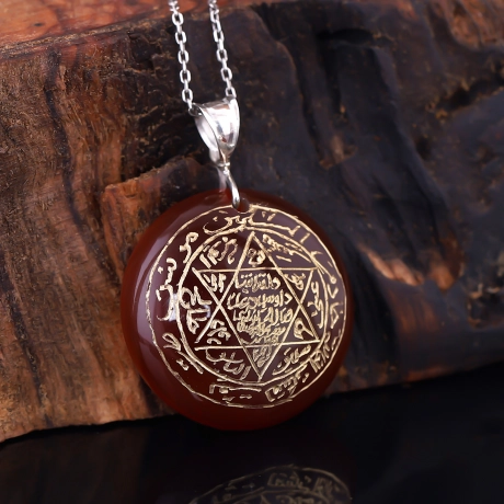 Kızıl Akik Taşlı - Mührü Süleyman Gümüş Kolye