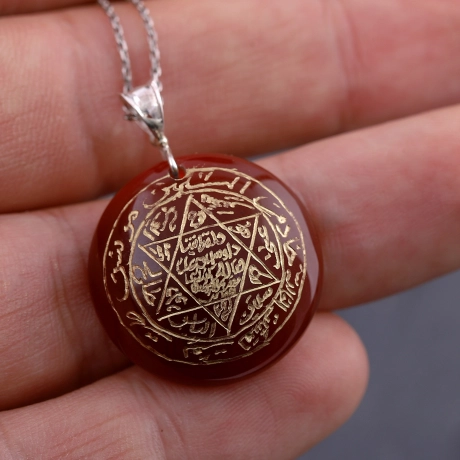 Kızıl Akik Taşlı - Mührü Süleyman Gümüş Kolye