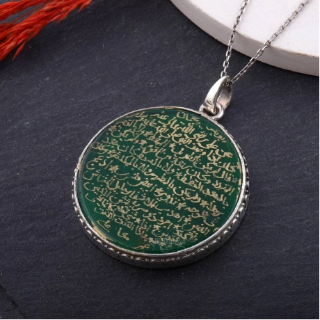 Akik Taşlı Hilye-i Şerif Yazılı 925 Ayar Gümüş Dualı Kolye