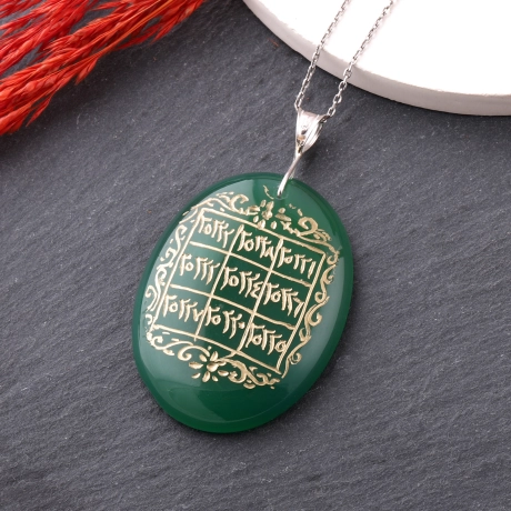  Yeşil Akik Taşlı 7 Ayetler Vefki Gümüş Kolye
