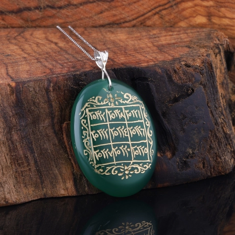  Yeşil Akik Taşlı 7 Ayetler Vefki Gümüş Kolye