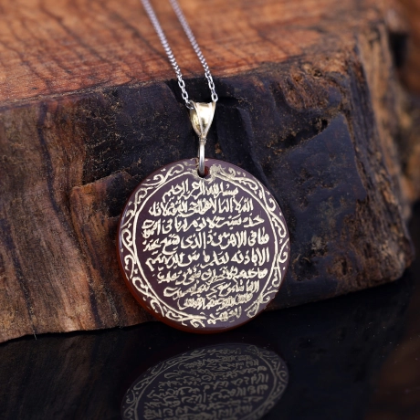 Akik Taş Üzeri Elde Kazıma Ayetel Kürsi Kolye 