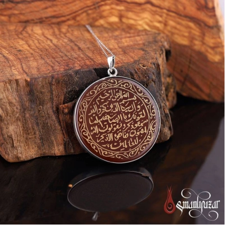 Akik Taş Üzeri Elde Kazıma Nazar Ayeti Gümüş Kolye 