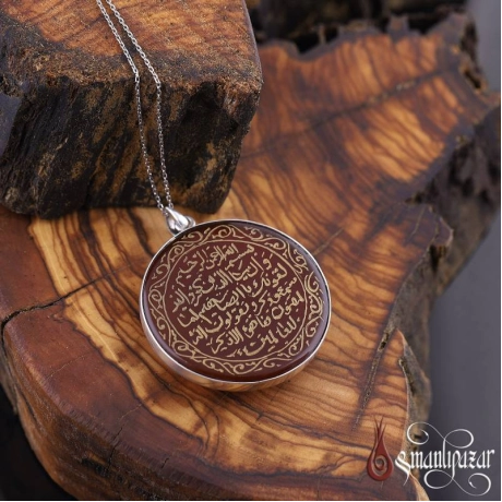 Akik Taş Üzeri Elde Kazıma Nazar Ayeti Gümüş Kolye 