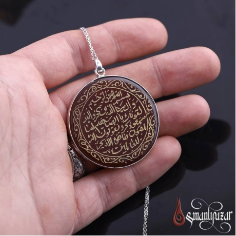Akik Taş Üzeri Elde Kazıma Nazar Ayeti Gümüş Kolye 