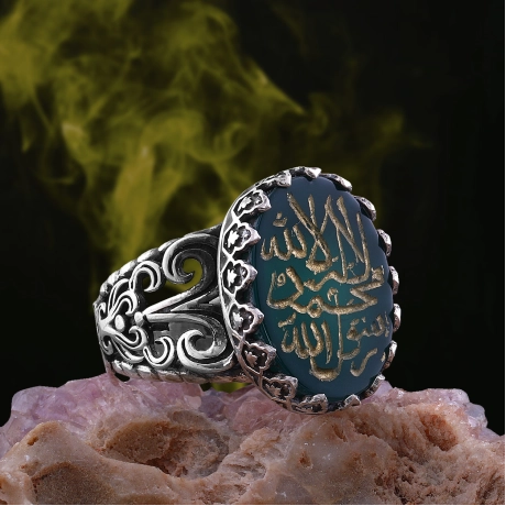  Yeşil Akik Taşlı Kelime-i Tevhid Yazılı 925 Ayar Gümüş El İşçiliği Yüzük