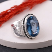 Mavi Topaz Taşlı Koruma Vefkli 925 Ayar Gümüş Yüzük
