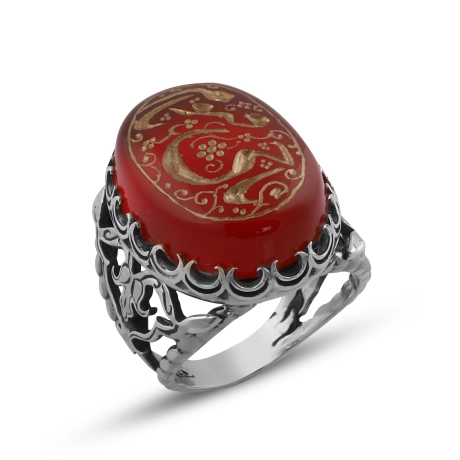 Ya Hayyum Ya Kayyum Yazılı Yemen Akik El İşçilği Gümüş Yüzük