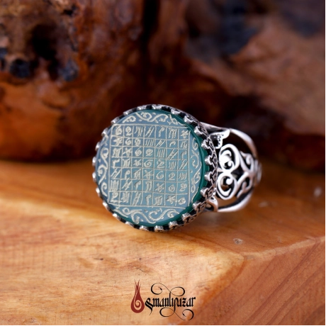 Akik Taşlı Celcelutiye Dua Vefk Yazılı Gümüş Yüzük