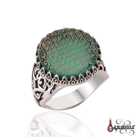 Akik Taşlı Celcelutiye Dua Vefk Yazılı Gümüş Yüzük