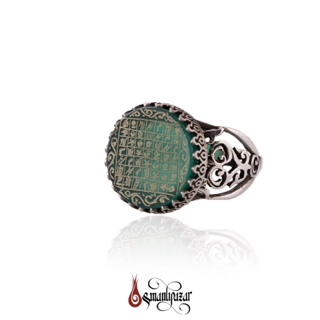 Akik Taşlı Celcelutiye Dua Vefk Yazılı Gümüş Yüzük
