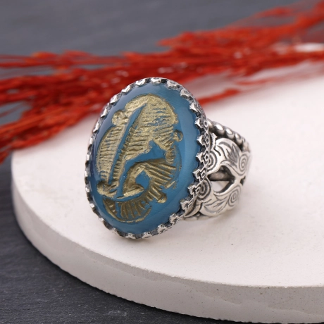  Taş Oyma Sanatı Vav Mim Elif Harfleri Kabartmalı Gümüş Yüzük