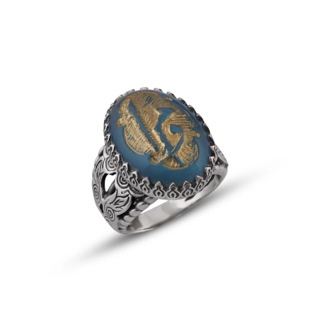  Taş Oyma Sanatı Vav Mim Elif Harfleri Kabartmalı Gümüş Yüzük