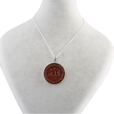 Akik Taşı Allah Yazılı 925 Ayar Gümüş Kolye