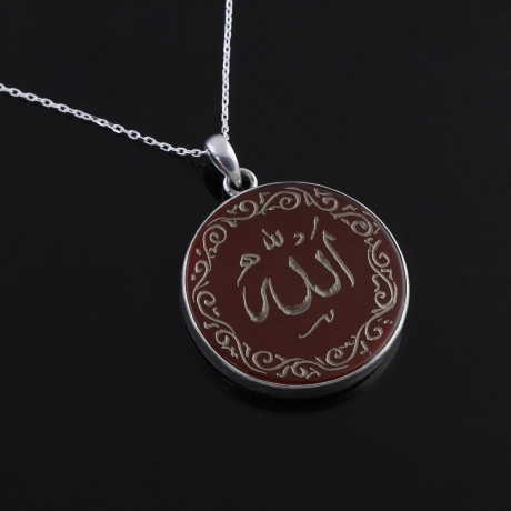 Akik Taşı Allah Yazılı 925 Ayar Gümüş Kolye