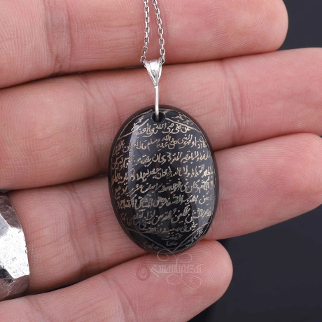 Siyah Akik Taşı Hilye-i Şerif Yazılı 925 Ayar Gümüş Kolye