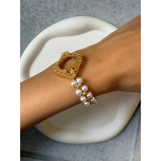 İnci Detaylı Çeyrek Çerçeveli Bileklik