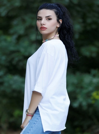 Asimetrik Kesim Viskon Bluz Beyaz