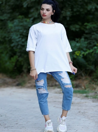 Asimetrik Kesim Viskon Bluz Beyaz