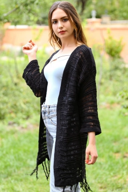 Altı Püskül Detaylı Hırka Siyah