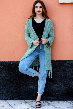 Altı Püskül Detaylı Hırka Yeşil