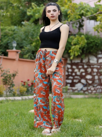 Desenli Bol Pantolon Kiremitçiçekli