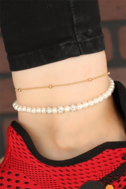 Gold Renk Zincirli İnci Aksesuarlı Hal Hal 