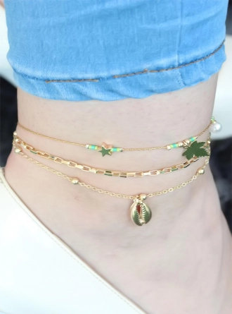 Gold Renk Yeşil Boncuklu Çoklu Halhal