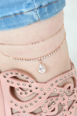 Rose Renk Çift Zincirli Damla Taşlı Hal Hal