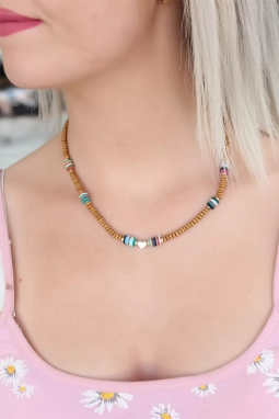 Taba Rengi Boncuklu Kalp Detaylı Bayan Kolye 