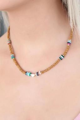 Taba Rengi Boncuklu Kalp Detaylı Bayan Kolye 