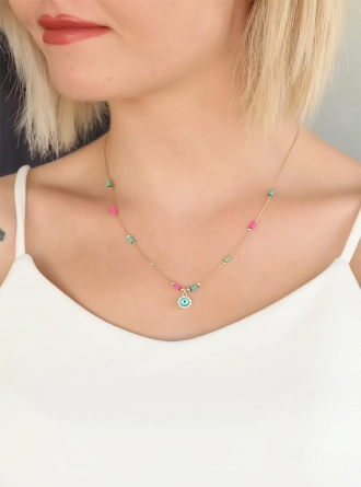 Pembe Mavi Boncuklu Nazarlı Bayan Kolye