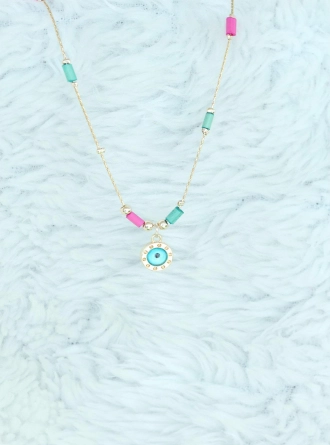 Pembe Mavi Boncuklu Nazarlı Bayan Kolye