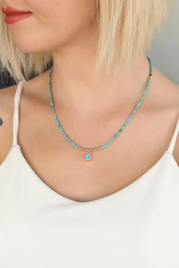 Mavi Taşlı Nazar Boncuklu Bayan Kolye