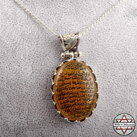 Vakia Suresi Yazılı - Sarı Akik Taşlı 925 Ayar Gümüş Kolye